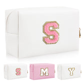 Personalized Initial Letter Patch Makeup Bag, Preppy Portable Chenille Letter Cosmetic Bag with Zipper, PU Leather Waterproof Travel Toiletry Bag Monogram Make Up Pouch for Women Girls(Letter S)